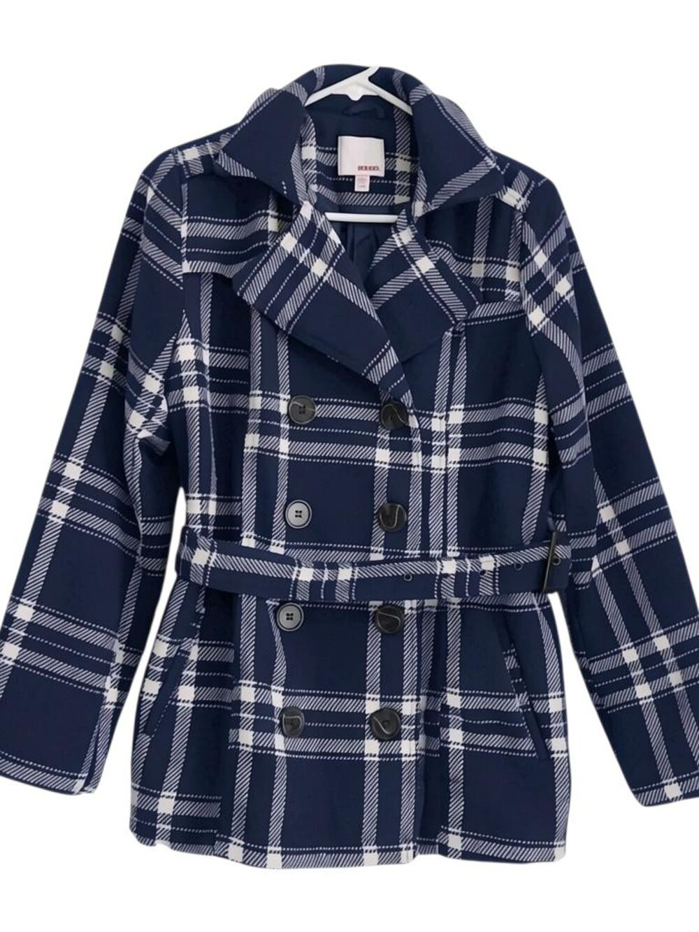 Y2k Dark Academia Bongo Size Large Belted Plaid Navy Blue White Plaid Pea Coat